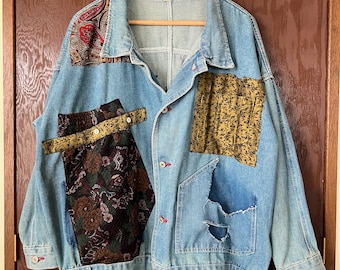 Upcycled Patchwork Jean Jacket: Floral Paisley Artwear