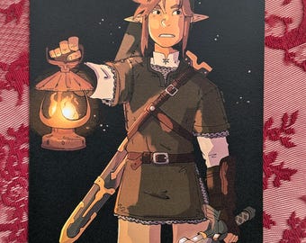 May include: A rectangular art print featuring a stylized illustration of a pointed-eared character with light brown hair wearing a dark green tunic, a brown belt, and a shoulder strap. The character holds a glowing orange lantern and a silver sword.