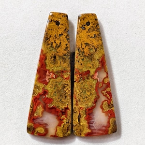 Può includere: Due ciondoli in pietra preziosa lucida a forma di trapezio. Le pietre presentano un mix di colori, tra cui rosso, giallo e bianco, con un motivo marmorizzato. Ogni ciondolo ha un piccolo foro nella parte superiore per l'infilatura.