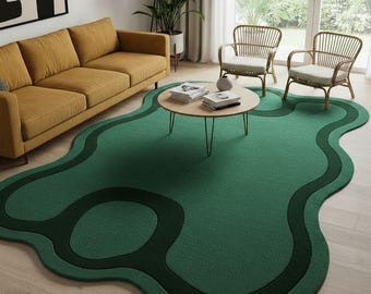 Modern Abstract Green Wool Rug: Irregular Hand Tufted Carpet