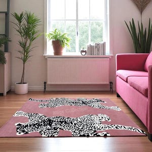 Modern Leopard Print Rug – Pink and Black Animal Pattern Area Rug, Contemporary Statement Carpet for Living Room