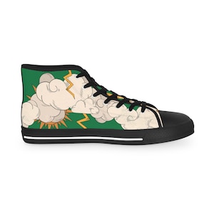 May include: High-top canvas sneaker with a black sole and laces. The side panel features a green background with a cartoon illustration of a cloud, lightning bolts, and a sun.