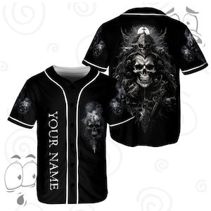 Dunkles Schädel Baseball Jersey - Rauchschädel Gothic Shirt - Individueller Name Horror Jersey - Todeskrieger Streetwear - Sensenmann Ästhetisches T-Shirt
