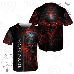 Feuer Schädel Baseball Jersey - Lava Schädel Horror Shirt - Gothic Jersey mit individuellem Namen - Dark Flame Streetwear - Dämonenschädel Ästhetisches T-Shirt