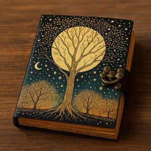 Handmade Leather Journal: Tree of Life, Moonlit Roots, Blank Book
