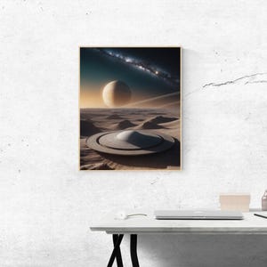 以下が含まれることがあります： 惑星と宇宙船のようなリング状の物体がある、シュールな風景を描いた額入りのアートプリント。星空の下の砂漠のような地形が特徴で、暖色と寒色の色調が使われています。