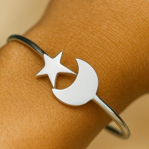 Star & Half Moon Sterling Silver Bangle | 925 Silver Handmade Celestial Jewelry