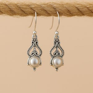 Vintage Style Pearl Sterling Silver Earrings: Intricate 925 Silver