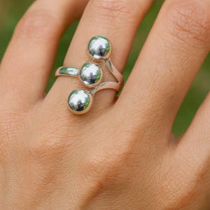 Handmade Sterling Silver Triple Ball Ring: Adjustable Boho Statement Jewelry