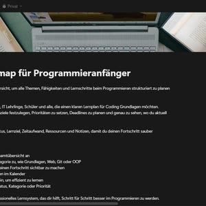 Pode incluir: Captura de tela de uma página da web intitulada "Lernroadmap für Programmier Anfänger" com texto em alemão. A página inclui um laptop, livros abertos e um fundo escuro. O texto descreve um roteiro de aprendizado para iniciantes em programação.