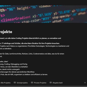 Könnte beinhalten: Screenshot einer dunkel gehaltenen Coding-Projektmanagement-Oberfläche. Die Oberfläche zeigt weißen Text auf dunklem Hintergrund, mit Code-Ausschnitten oben. Der Text enthält den Titel "Coding Projekte" und eine Beschreibung der Projektmanagement-Funktionen.