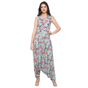 Gedruckter Baumwoll Harem Jumpsuit: Ärmellose Boho Dhoti Style One Piece Outfit westliche Kleidung für Mädchen und Frauen