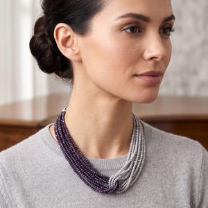 Multi Strand Crystal Bead Collar Necklace, Purple Gray Twisted Statement Jewelry
