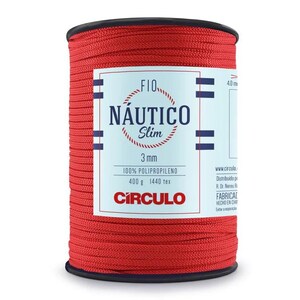 Könnte beinhalten: Eine Spule leuchtend roter Nautik-Kordel. Das Etikett zeigt "Fio Nautico Slim" mit Angaben wie 3 mm Dicke, 100 % Polypropylen und 400 g. Der Markenname "Circulo" ist ebenfalls zu sehen.