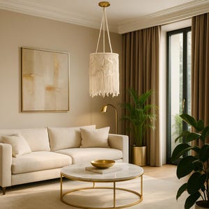 Puede incluir: Una lámpara colgante de macramé color crema cuelga del techo en una sala de estar. La lámpara tiene forma cilíndrica con flecos en la parte inferior y patrones decorativos. La habitación presenta una paleta de colores neutros con un sofá, una mesa de centro y obras de arte.