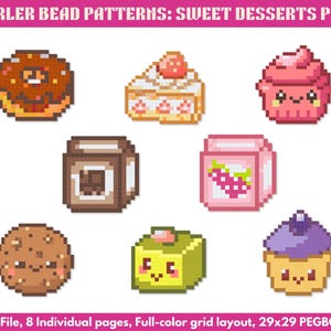 Könnte beinhalten: Perlenmuster mit pixeligen süßen Desserts. Das Bild zeigt einen Donut, ein Kuchenstück, einen Cupcake, einen Keks, einen Schokoriegel, eine Saftbox und andere Leckereien. Der Text lautet "PERLER BEAD PATTERNS: SWEET DESSERTS PACK".