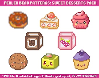 Dessert Perler Bead Pattern Pack: 8 Printable Kawaii Designs (PDF Download)