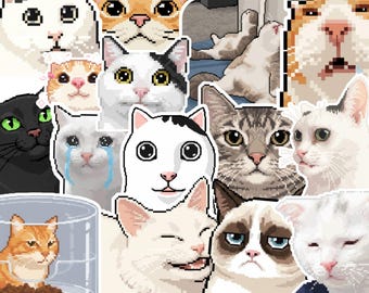 以下が含まれることがあります： さまざまな表情のピクセル化された猫の顔のコレクション。猫は白、オレンジ、黒、グレーなど、さまざまな色で表現されています。悲しい、怒っている、または驚いた表情の猫もいれば、幸せそうだったりニュートラルな猫もいます。