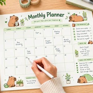 Może przedstawiać: Arkusz planera miesięcznego z motywem kapibary i zielonymi akcentami. Nagłówek brzmi Monthly Planner, plan your days, grow your happiness. Zawiera siatkę kalendarza, listę priorytetów, sekcję notatek oraz listę celów na dany miesiąc.