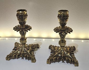 Vintage Solid Brass Candle Holders – Ornate Antique French Style Pair – Heavy Brass Candlesticks – Home Decor Collectible
