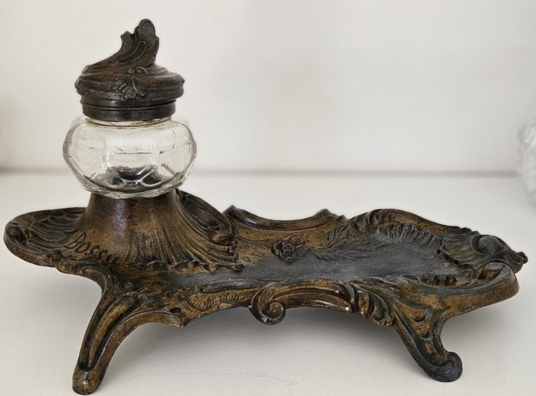 Antique French Inkwell Signed A. Bossu – Rococo Spelter Desk Inkwell ...