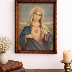 Antique Sacred Heart Virgin Mary Framed Print – Vintage Catholic Religious Wall Art – French Devotional Decor