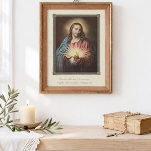 Vintage Sacred Heart of Jesus Framed Print – 1945 Italian Catholic Wall Art – First Communion Religious Decor
