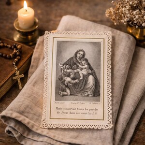 Antique French Canivet XIX Century – Virgin Mary and Child – Bonamy Poitiers – Lace Holy Card – Catholic Devotional Art