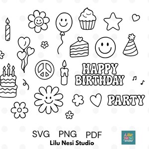 May include: Black and white line art illustrations of birthday-themed elements. Includes a cake, cupcake, star, heart, smiley faces, flowers, balloons, candles, peace sign, and the words "Happy Birthday Party".