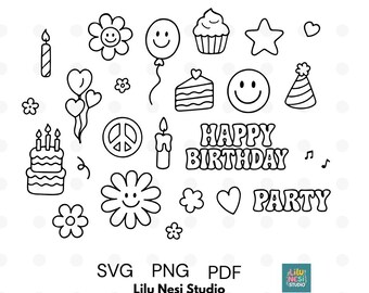 Groovy Birthday Clipart Set – Retro Birthday Elements SVG PNG PDF – 70s Style Cake, Peace Sign, Balloons – Digital Party Decor, Stickers
