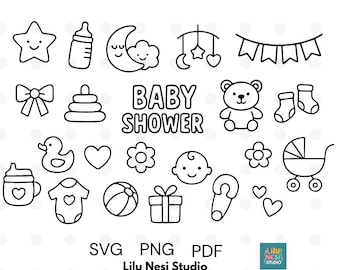 22 cliparts Doodle baby shower | Ensemble PNG SVG noir et blanc | Dessin au trait mignon bébé pour faire-parts, autocollants, sexe révélateur, travaux manuels