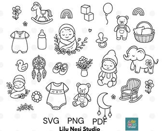 Lot de cliparts baby shower | Boho bébé SVG PNG PDF | Dessin au trait mignon Doodle | Clipart chambre d'enfant | Faire-part de fête prénatale | Contour du nouveau-né