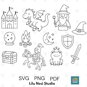 May include: Black and white line art illustrations of fantasy and medieval elements, including a castle, dragon, wizard, witch hat, crystal ball, campfire, moon, shield, treasure chest, knight on horseback, frog, and sword. The image also includes the text "SVG PNG PDF" and "Lilu Nesi Studio".