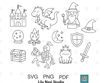 12 Fairy Tale Doodle Clipart | Black & White Wizard, Knight, Castle, Dragon SVG PNG | Magical Fantasy Line Art for Coloring and Crafts