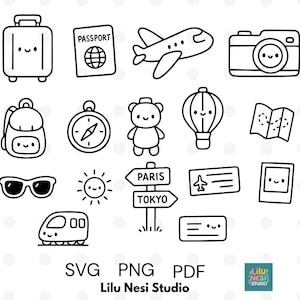 May include: Black and white line art illustrations of travel-themed items, including a suitcase, passport, airplane, camera, backpack, compass, teddy bear, hot air balloon, map, sunglasses, sun, signpost, ticket, and photo frame. The text "SVG PNG PDF" and "Lilu Nesi Studio" are also present.