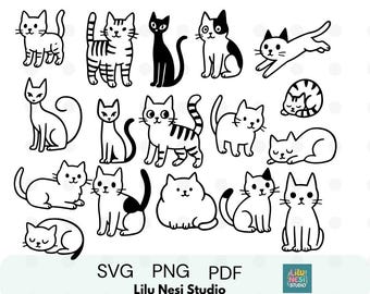 Conjunto de imágenes prediseñadas de gatos / Lindo gato SVG PNG PDF / Dibujo lineal en blanco y negro / Ilustraciones de gatitos / Página para colorear de animales / Manualidades para amantes de los gatos