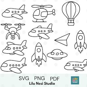 Peut inclure: Illustrations en noir et blanc de différents moyens de transport aériens et spatiaux, tels que des avions, un hélicoptère, une montgolfière, un drone, une fusée, un OVNI et un avion en papier. Le texte "SVG PNG PDF" et "Lilu Nesi Studio" sont également présents.