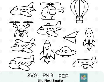May include: Black and white line art illustrations of various modes of air and space travel, including airplanes, a helicopter, a hot air balloon, a drone, a rocket, a UFO, and a paper airplane. The text "SVG PNG PDF" and "Lilu Nesi Studio" are also present.
