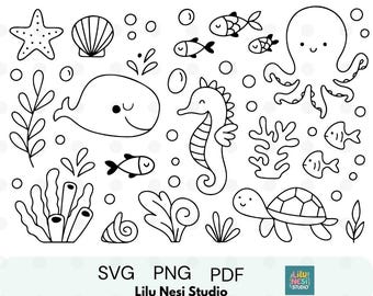 Conjunto de imágenes prediseñadas del fondo del mar / Animales marinos adorables en formato SVG / Dibujos minimalistas de la vida marina / Ballena, tortuga, caballito de mar, pulpo, PNG / Arte lineal marino