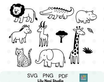 Safari Animal Clipart Set | Jungle Animals SVG PNG PDF | Black and White Line Art | Cute Wildlife Coloring Page | Zoo Animal Outline