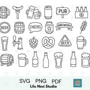 Bier Clipart Bundle - 25 Craft Bierkrüge, Flaschen, Hopfen & Schaum SVG PNG PDF | Kneipe, Oktoberfest, Brauerei Doodles für Cricut und Stickers