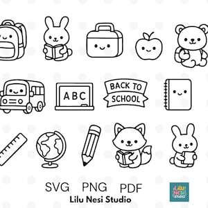 May include: Black and white line art illustrations of school-themed objects, including a backpack, bunny reading, briefcase, apple, bear, school bus, ABC board, banner with "BACK TO SCHOOL", notebook, ruler, globe, pencil, fox reading, and bunny reading. The image includes the text "SVG PNG PDF" and "Lilu Nesi Studio".