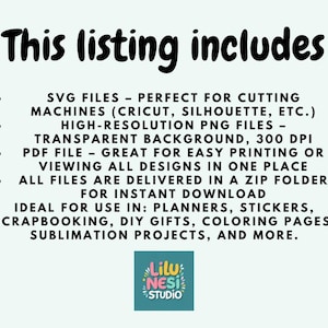 K&ouml;nnte beinhalten: Grafik f&uuml;r einen digitalen Download mit dem Text "This listing includes" und Details zu SVG-, PNG- und PDF-Dateien. Es erw&auml;hnt den Sofort-Download und Anwendungen wie Planer und Aufkleber. Das Bild enth&auml;lt ein Studio-Logo.