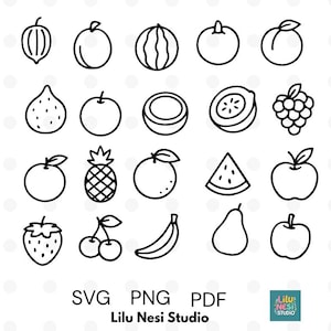 May include: A collection of black and white line drawings of fruits such as a watermelon, apple, and banana. The image also features the text "SVG PNG PDF" and "Lilu Nesi Studio".