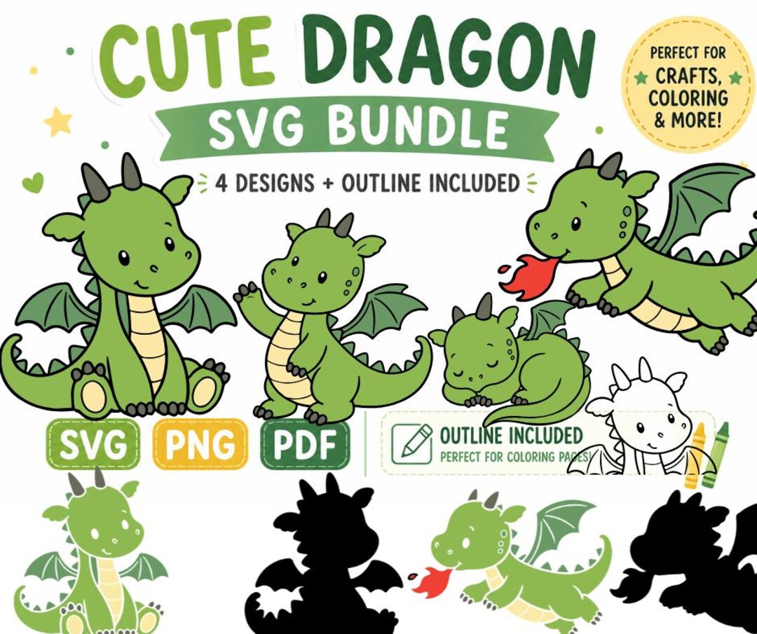 Cute Dragon SVG Bundle, Baby Dragon Clipart, Dragon Coloring Pages ...