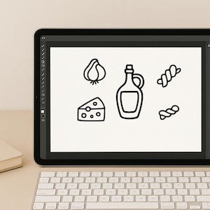 Puede incluir: Ilustraci&oacute;n digital de iconos de comida italiana en la pantalla de una tableta. Los iconos incluyen un bulbo de ajo, una cu&ntilde;a de queso, una botella de aceite de oliva y dos formas de pasta. La imagen se muestra en una tableta con un teclado.