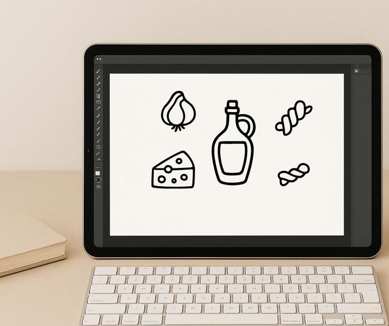 Puede incluir: Ilustraci&oacute;n digital de iconos de comida italiana en la pantalla de una tableta. Los iconos incluyen un bulbo de ajo, una cu&ntilde;a de queso, una botella de aceite de oliva y dos formas de pasta. La imagen se muestra en una tableta con un teclado.