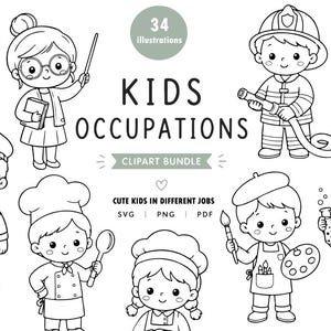 Puede incluir: Un paquete de imágenes prediseñadas digitales en blanco y negro con 34 ilustraciones de niños en diversas ocupaciones. El texto dice KIDS OCCUPATIONS CLIPART BUNDLE, CUTE KIDS IN DIFFERENT JOBS, SVG, PNG, PDF. Incluye un profesor, bombero, chef y artista.