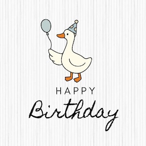 K&ouml;nnte beinhalten: Geburtstagskarte mit einer Illustration einer Cartoon-Gans, die einen Partyhut tr&auml;gt und einen blauen Ballon h&auml;lt. Die Worte "HAPPY Birthday" sind in einer verspielten Schriftart unter der Gans auf wei&szlig;em Hintergrund geschrieben.
