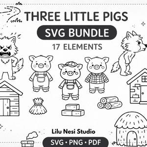 以下が含まれることがあります： 三匹の子豚の物語のイラストが描かれた、白黒のSVGバンドル。豚、オオカミ、家、建築資材の画像が含まれています。「THREE LITTLE PIGS SVG BUNDLE 17 ELEMENTS」と書かれています。